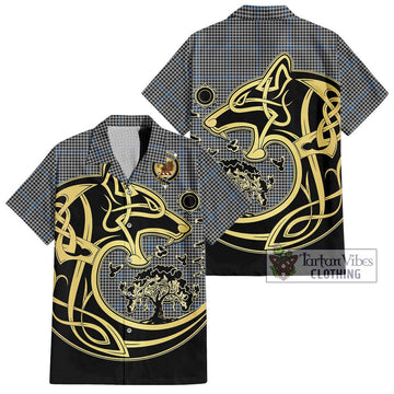 Gladstone Tartan Short Sleeve Button Shirt with Family Crest Celtic Wolf Style