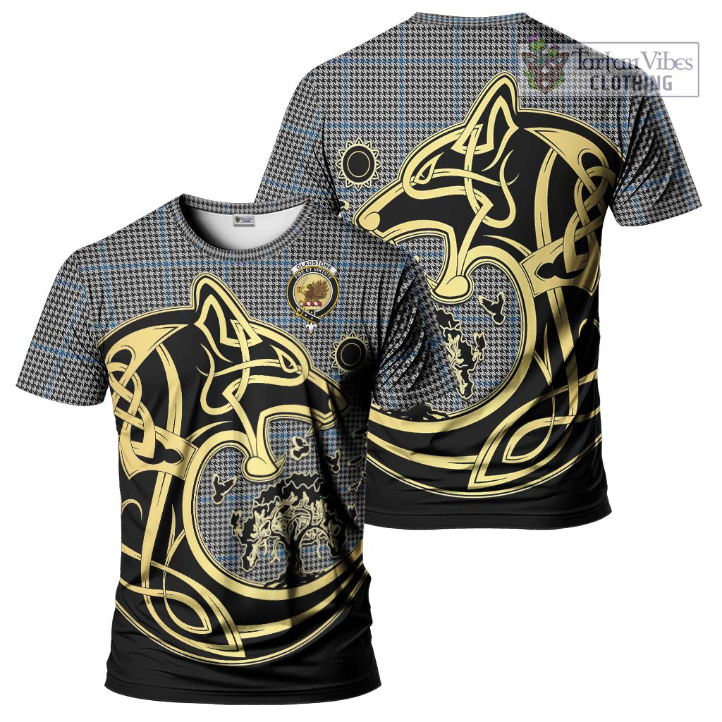 Tartan Vibes Clothing Gladstone Tartan T-Shirt with Family Crest Celtic Wolf Style
