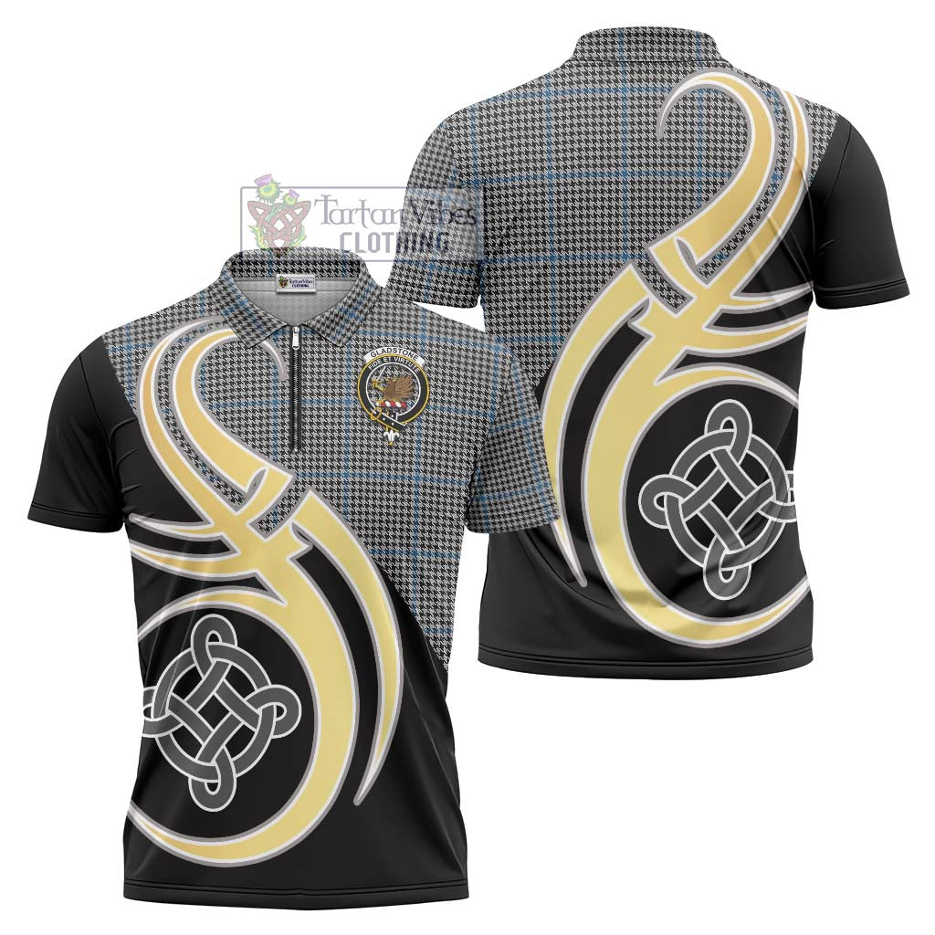 Tartan Vibes Clothing Gladstone Tartan Zipper Polo Shirt with Family Crest and Celtic Symbol Style