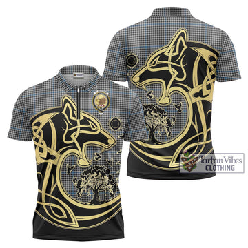 Gladstone Tartan Zipper Polo Shirt with Family Crest Celtic Wolf Style