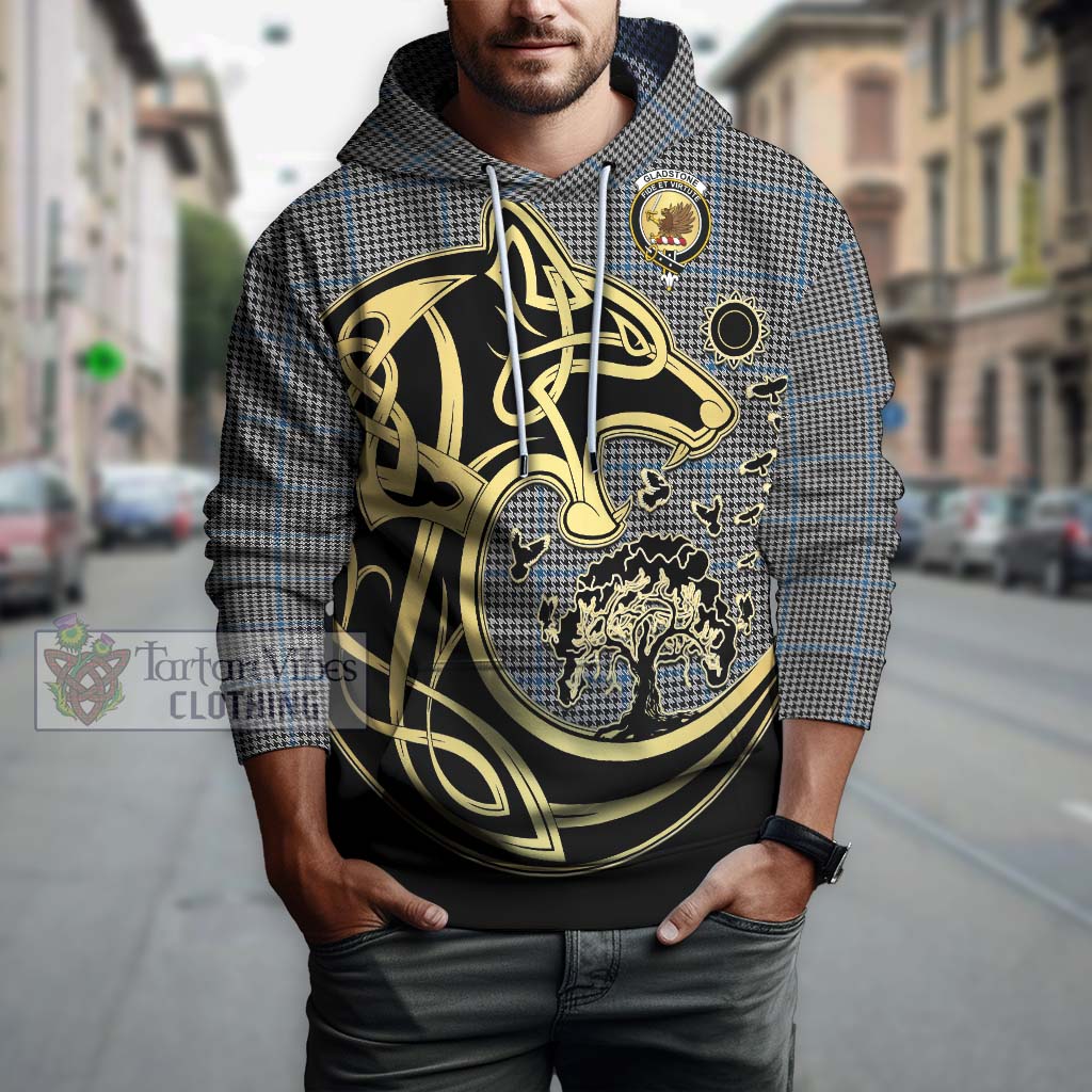 Tartan Vibes Clothing Gladstone Tartan Hoodie with Family Crest Celtic Wolf Style
