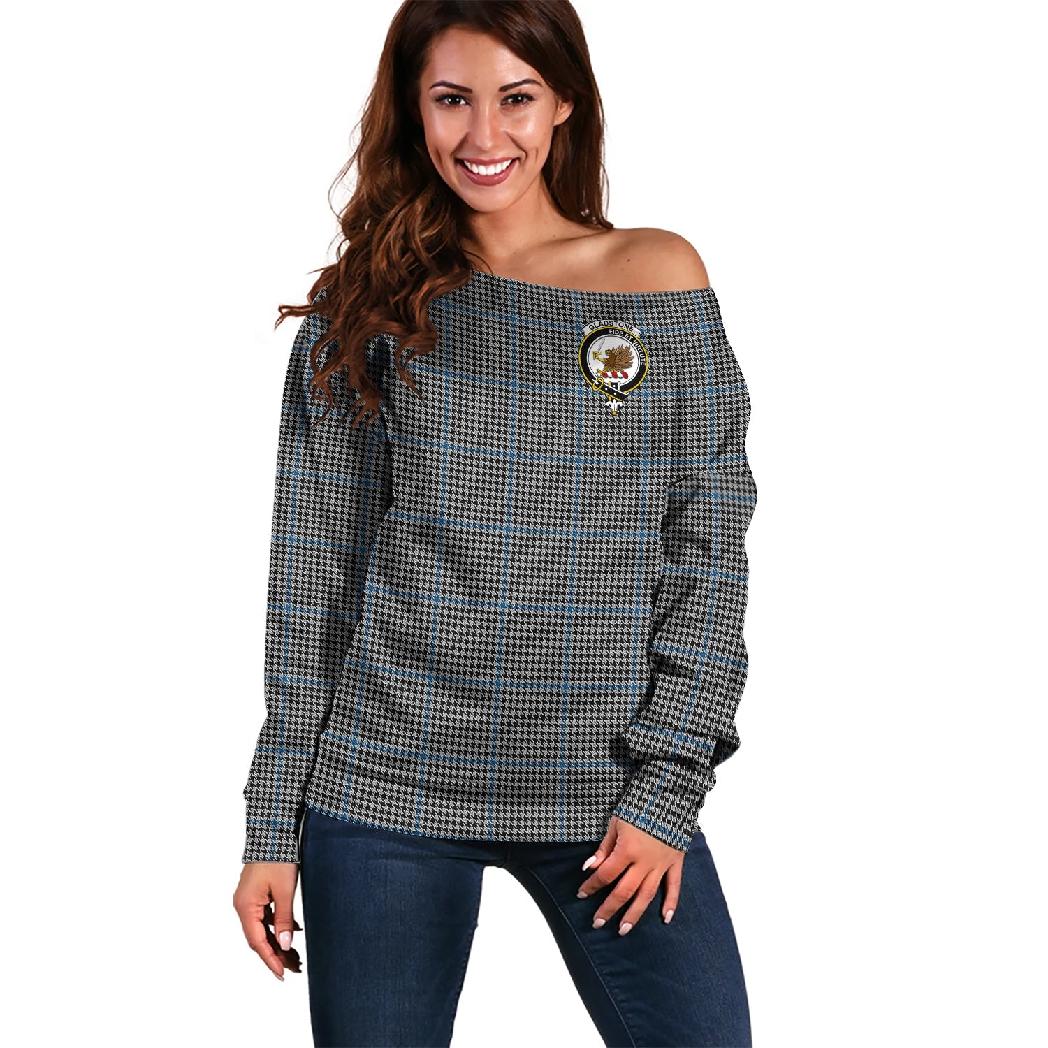 Gladstone Tartan Off Shoulder Women Sweater with Family Crest Women - Tartanvibesclothing