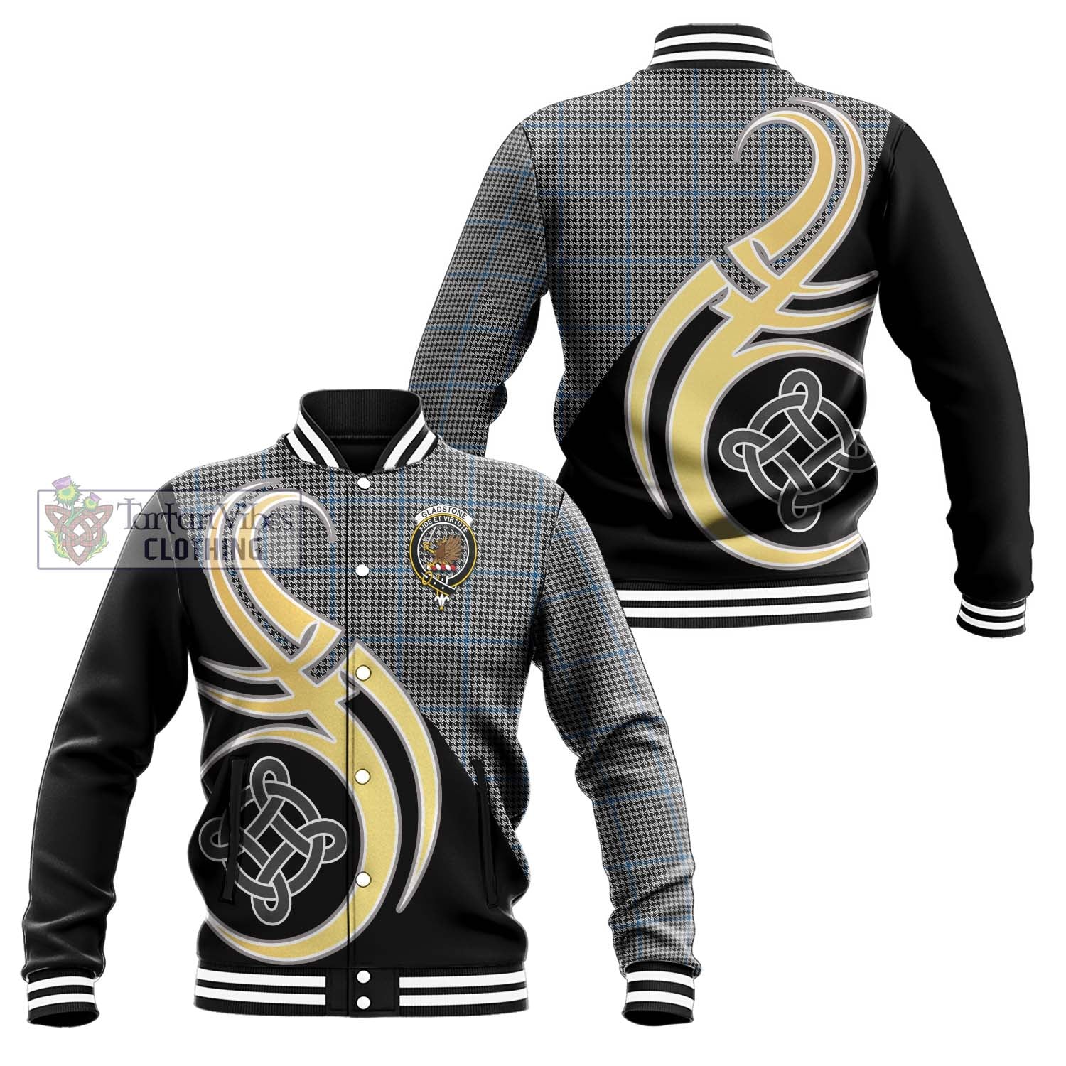 Gladstone Tartan Baseball Jacket with Family Crest and Celtic Symbol Style Unisex - Tartan Vibes Clothing