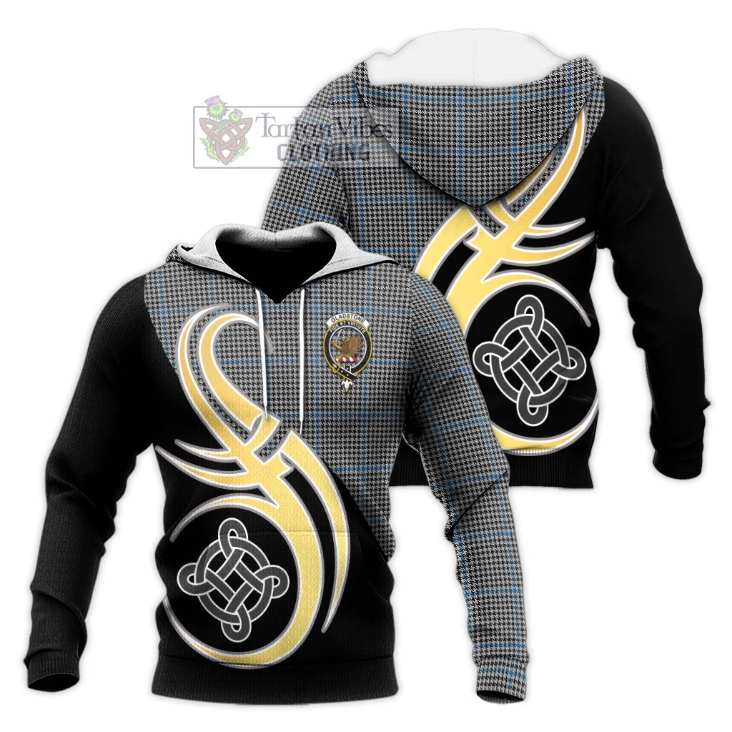 Tartan Vibes Clothing Gladstone Tartan Knitted Hoodie with Family Crest and Celtic Symbol Style