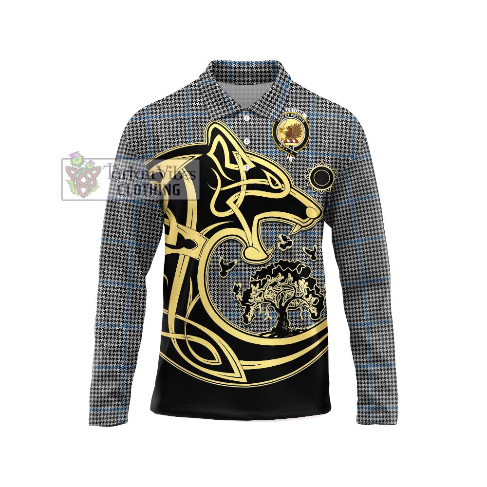 Tartan Vibes Clothing Gladstone Tartan Long Sleeve Polo Shirt with Family Crest Celtic Wolf Style