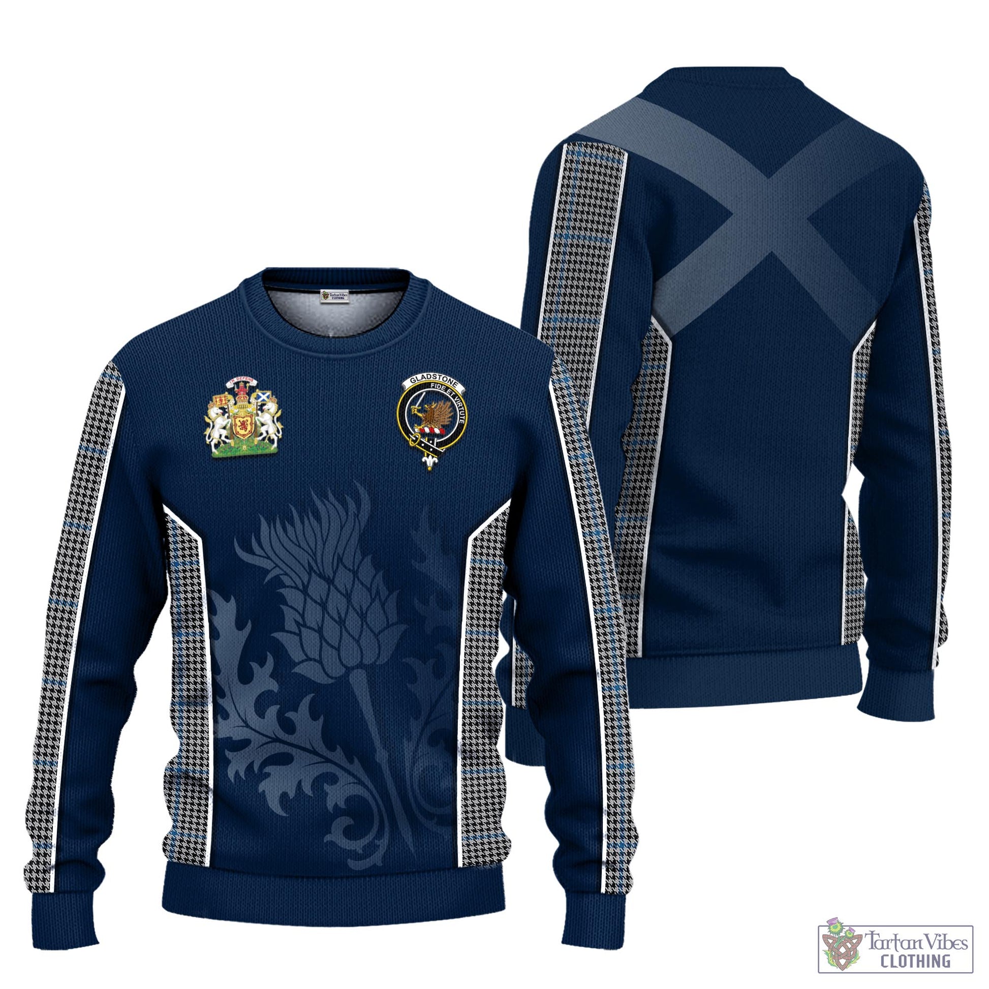 Tartan Vibes Clothing Gladstone Tartan Knitted Sweatshirt with Family Crest and Scottish Thistle Vibes Sport Style