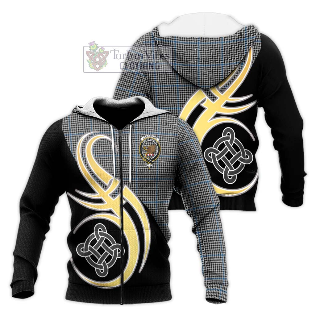 Tartan Vibes Clothing Gladstone Tartan Knitted Hoodie with Family Crest and Celtic Symbol Style