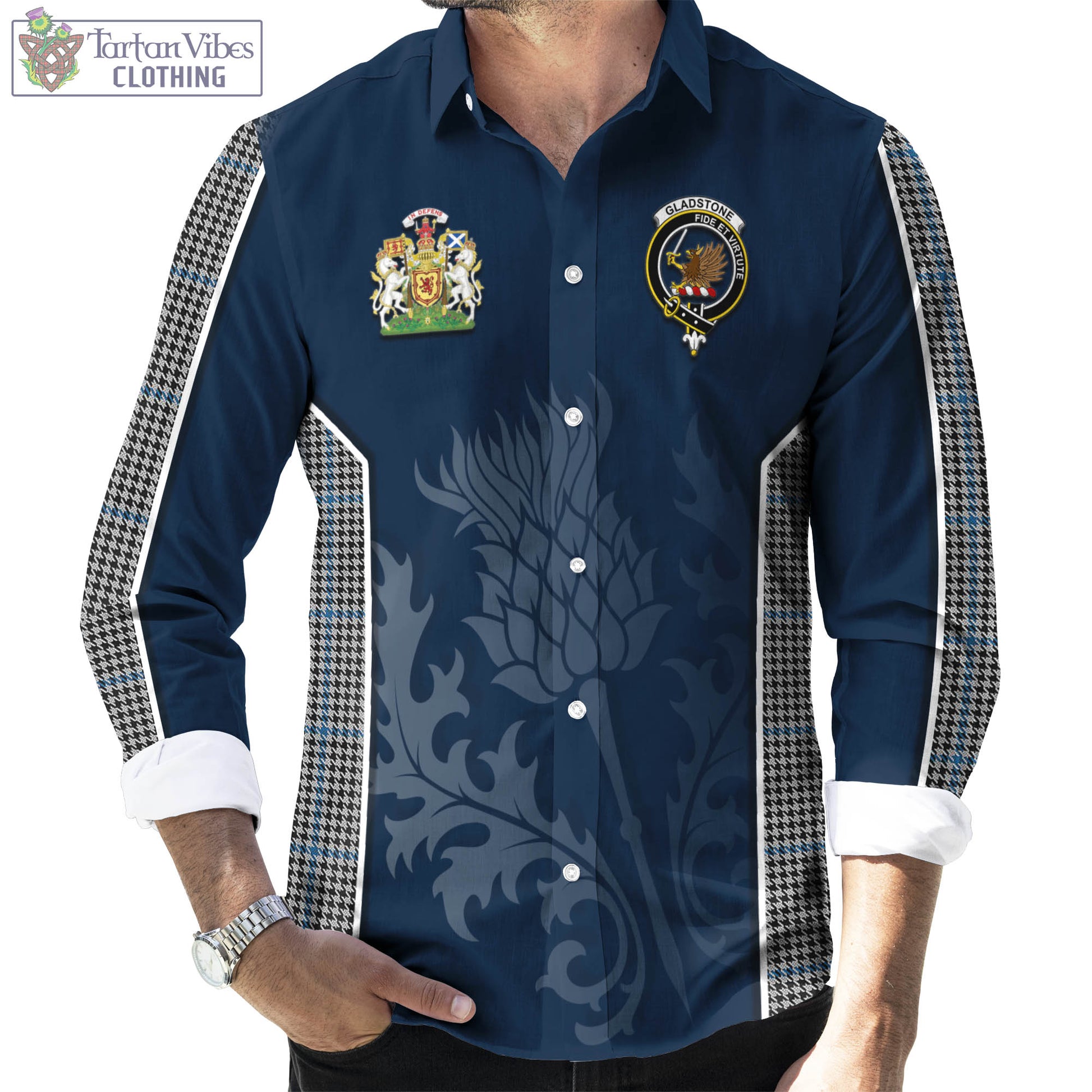 Tartan Vibes Clothing Gladstone Tartan Long Sleeve Button Up Shirt with Family Crest and Scottish Thistle Vibes Sport Style