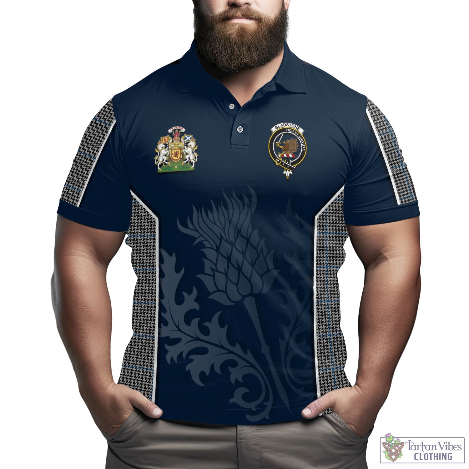 Tartan Vibes Clothing Gladstone Tartan Men's Polo Shirt with Family Crest and Scottish Thistle Vibes Sport Style