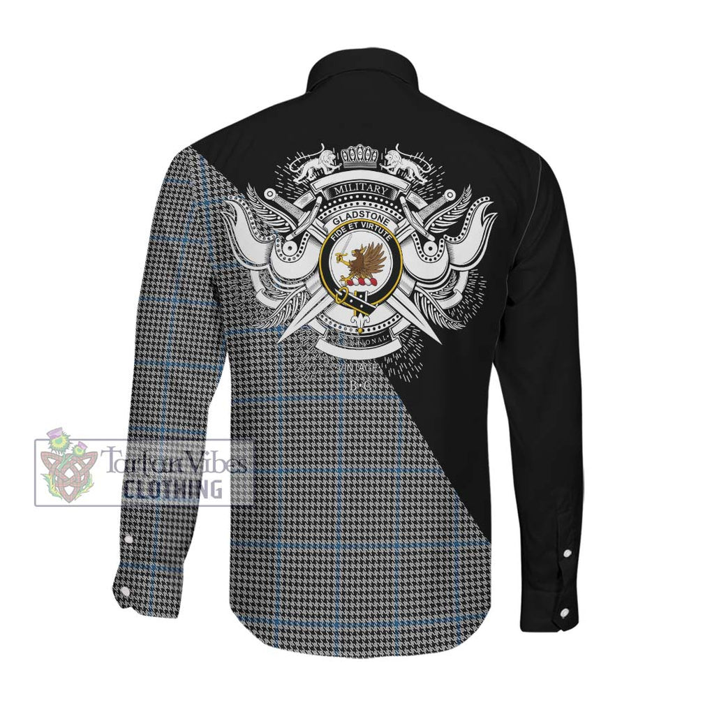 Gladstone Tartan Long Sleeve Button Shirt with Family Crest and Military Logo Style Men's Shirt - Tartanvibesclothing Shop