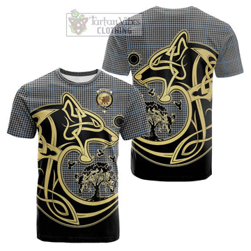 Gladstone Tartan Cotton T-shirt with Family Crest Celtic Wolf Style