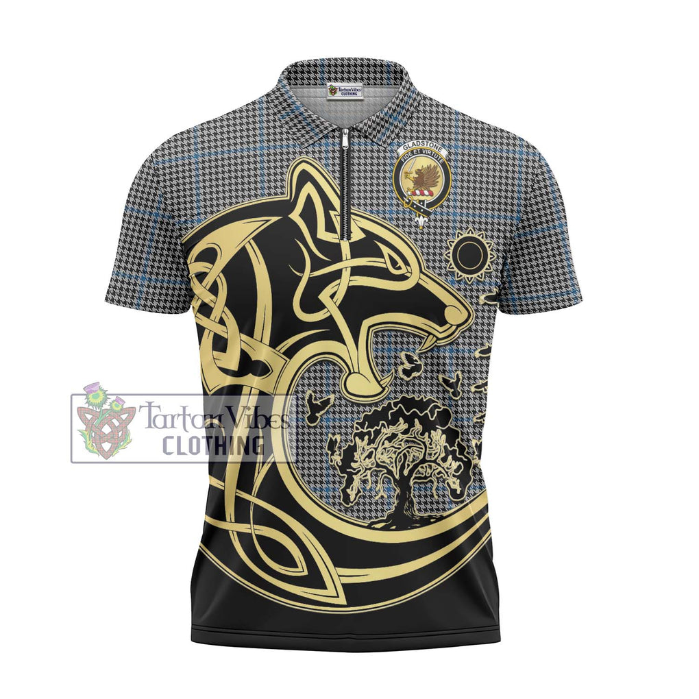 Gladstone Tartan Zipper Polo Shirt with Family Crest Celtic Wolf Style - Tartanvibesclothing Shop