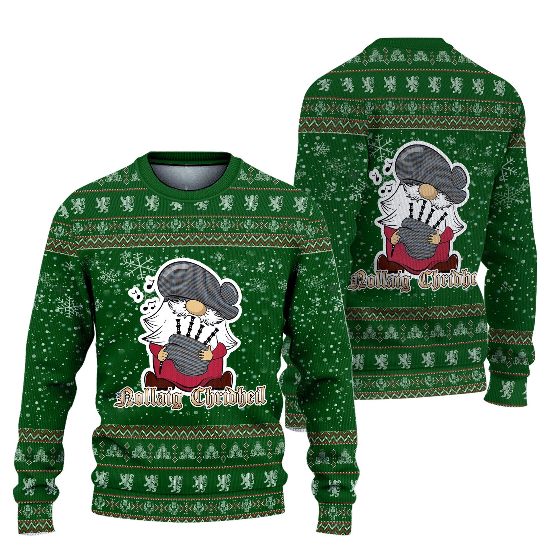 Gladstone Clan Christmas Family Knitted Sweater with Funny Gnome Playing Bagpipes Unisex Green - Tartanvibesclothing