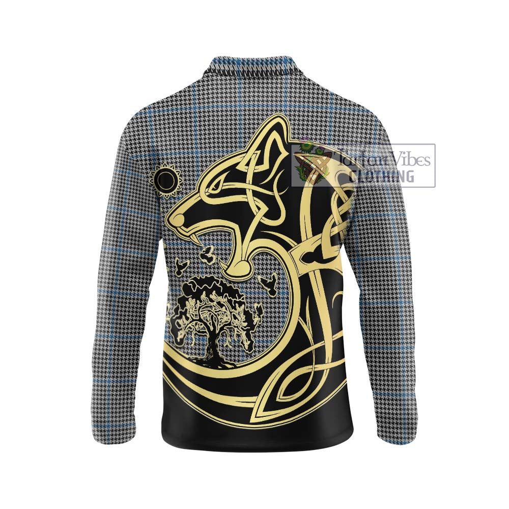 Tartan Vibes Clothing Gladstone Tartan Long Sleeve Polo Shirt with Family Crest Celtic Wolf Style