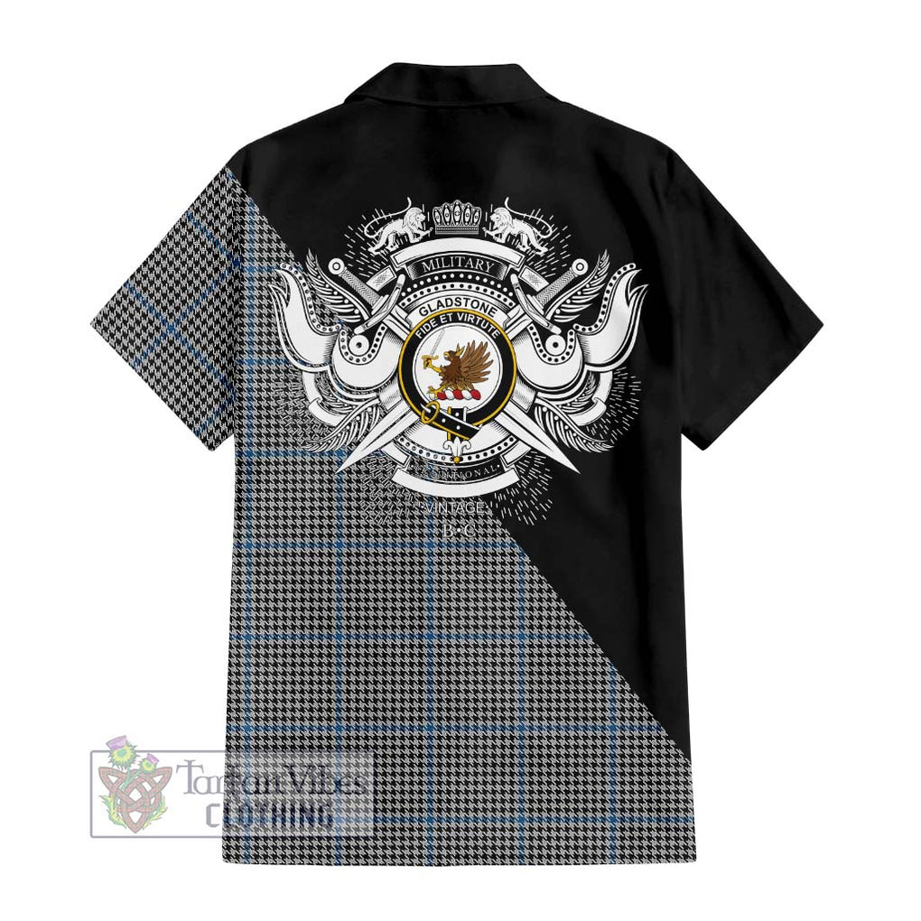 Gladstone Tartan Short Sleeve Button Shirt with Family Crest and Military Logo Style - Tartanvibesclothing Shop