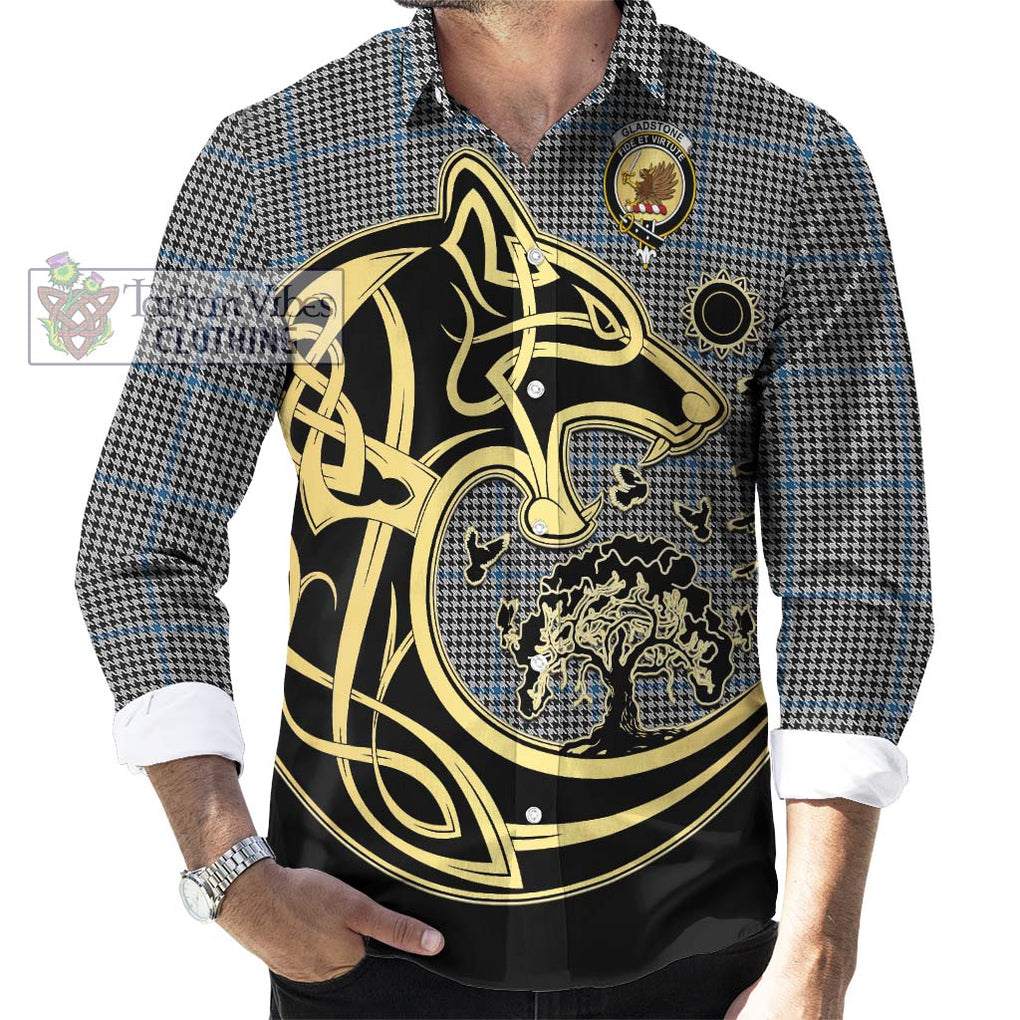 Gladstone Tartan Long Sleeve Button Shirt with Family Crest Celtic Wolf Style - Tartan Vibes Clothing