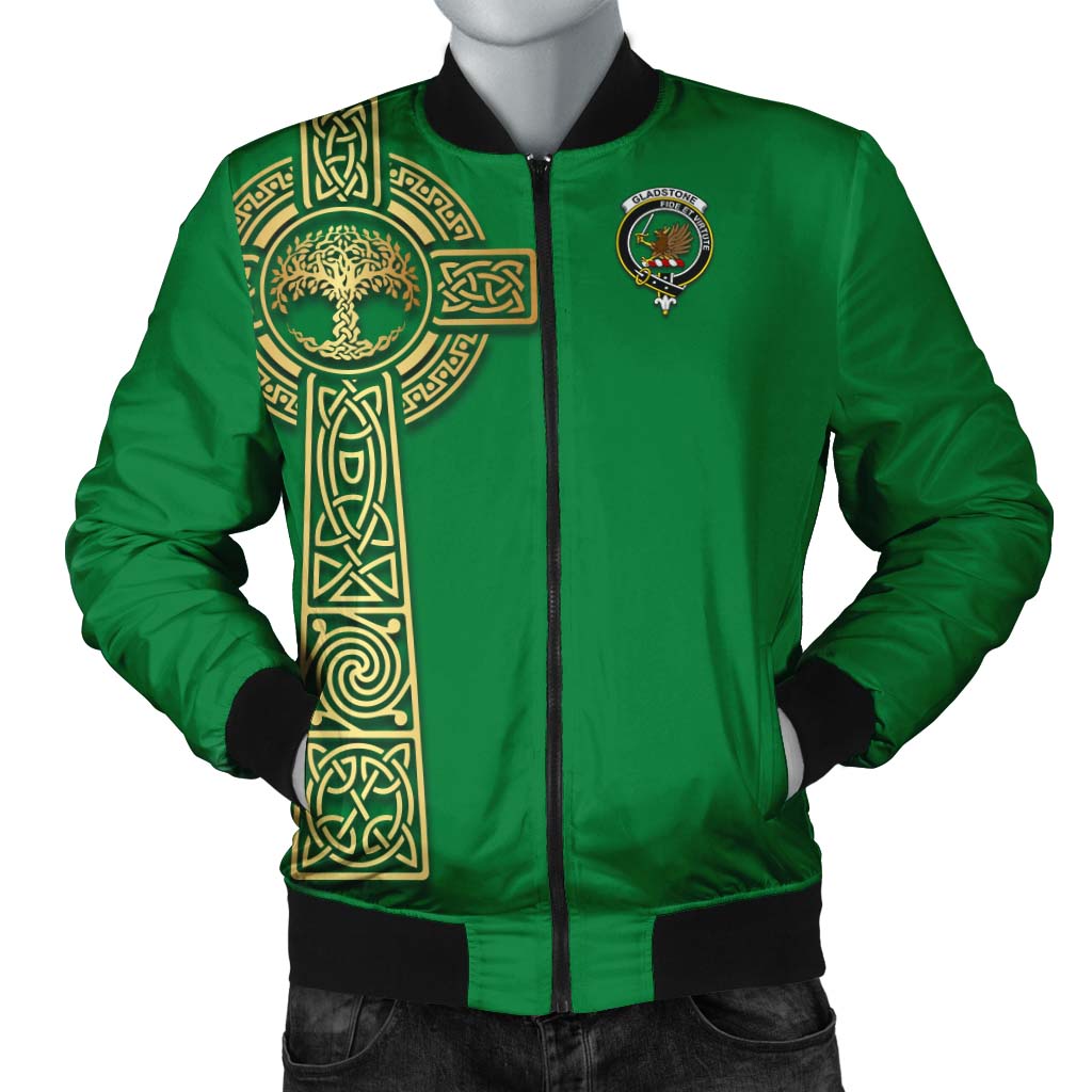 Gladstone Clan Bomber Jacket with Golden Celtic Tree Of Life Unisex Irish Green - Tartanvibesclothing