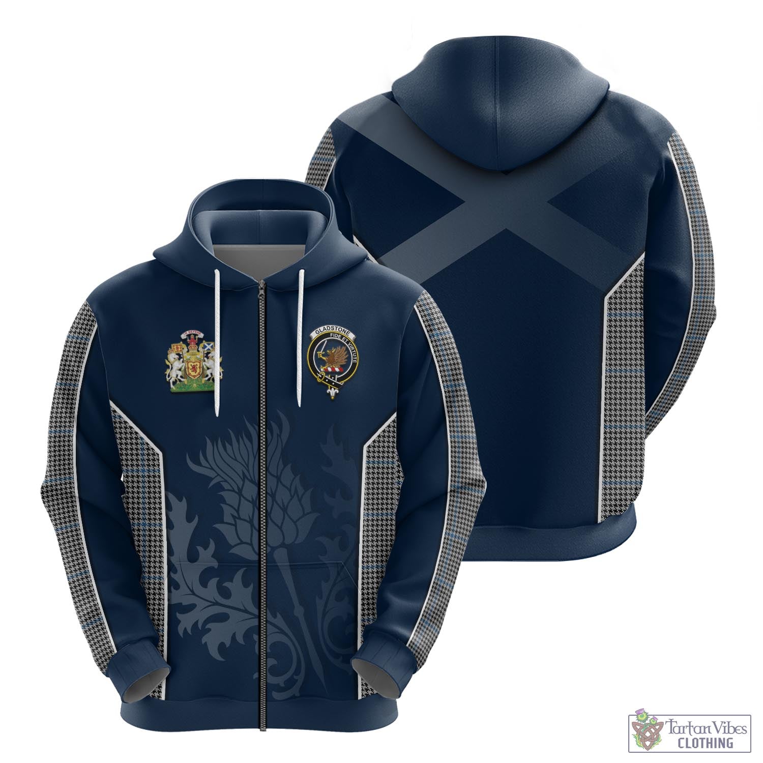 Tartan Vibes Clothing Gladstone Tartan Hoodie with Family Crest and Scottish Thistle Vibes Sport Style