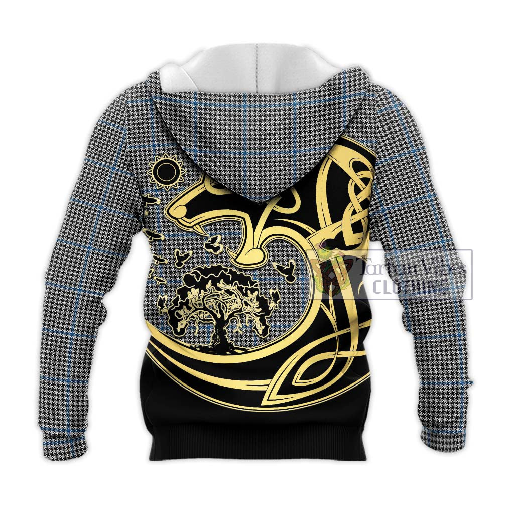Tartan Vibes Clothing Gladstone Tartan Knitted Hoodie with Family Crest Celtic Wolf Style