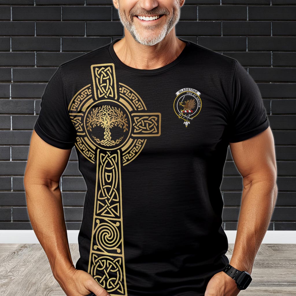 Gladstone Clan Mens T-Shirt with Golden Celtic Tree Of Life - Tartanvibesclothing