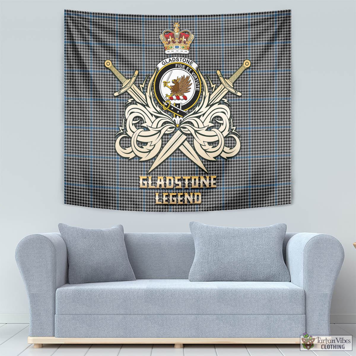 Tartan Vibes Clothing Gladstone Tartan Tapestry with Clan Crest and the Golden Sword of Courageous Legacy