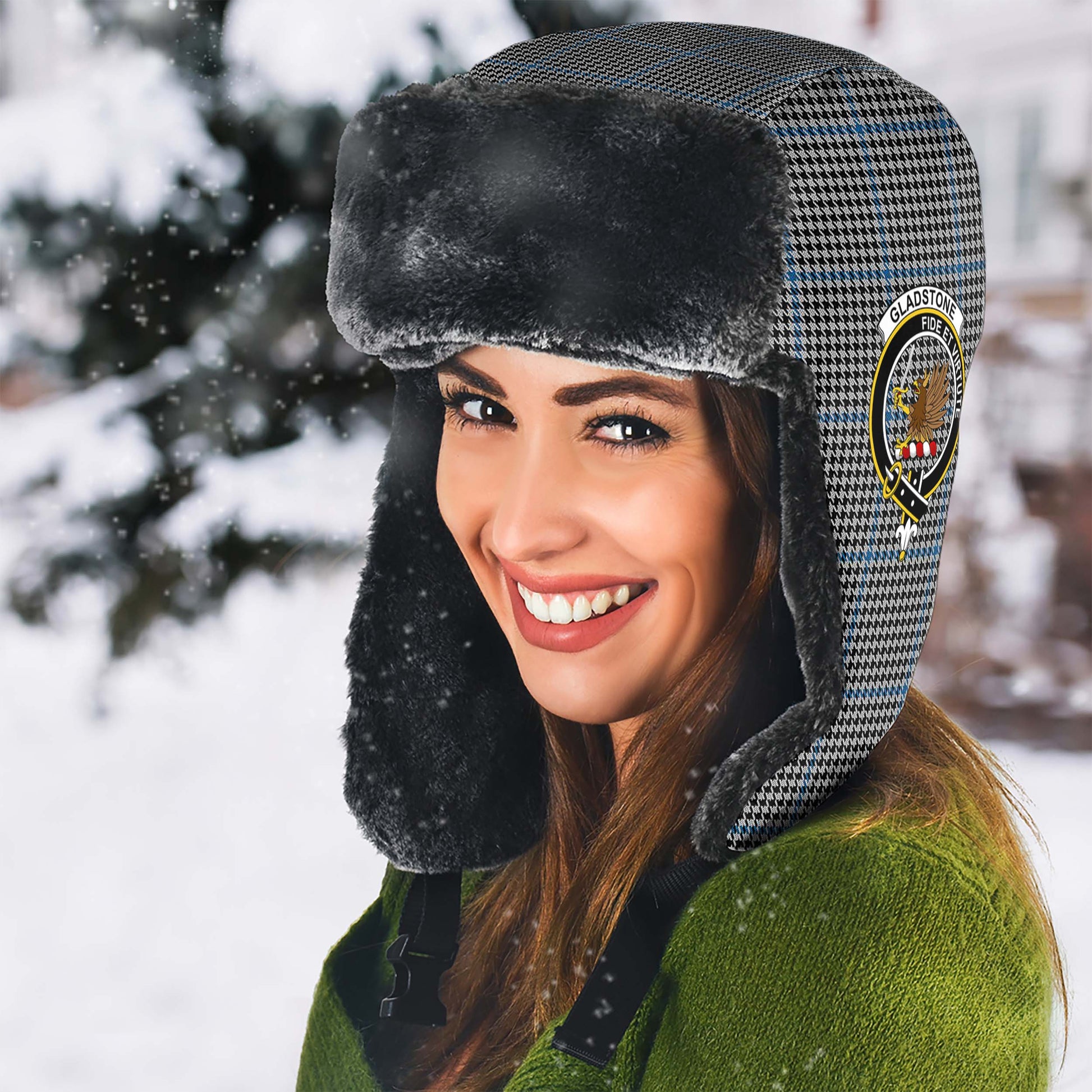Gladstone Tartan Winter Trapper Hat with Family Crest - Tartanvibesclothing
