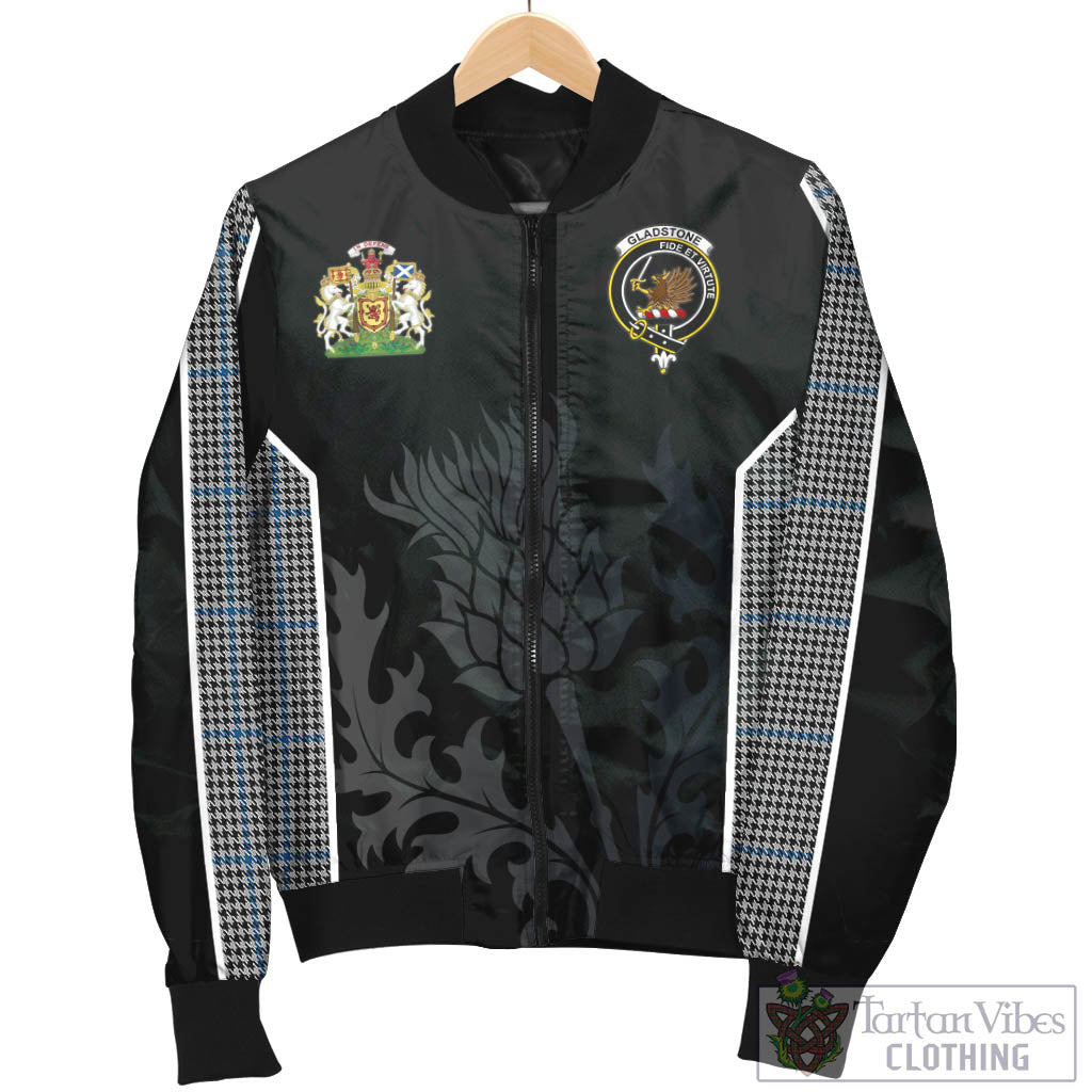 Tartan Vibes Clothing Gladstone Tartan Bomber Jacket with Family Crest and Scottish Thistle Vibes Sport Style