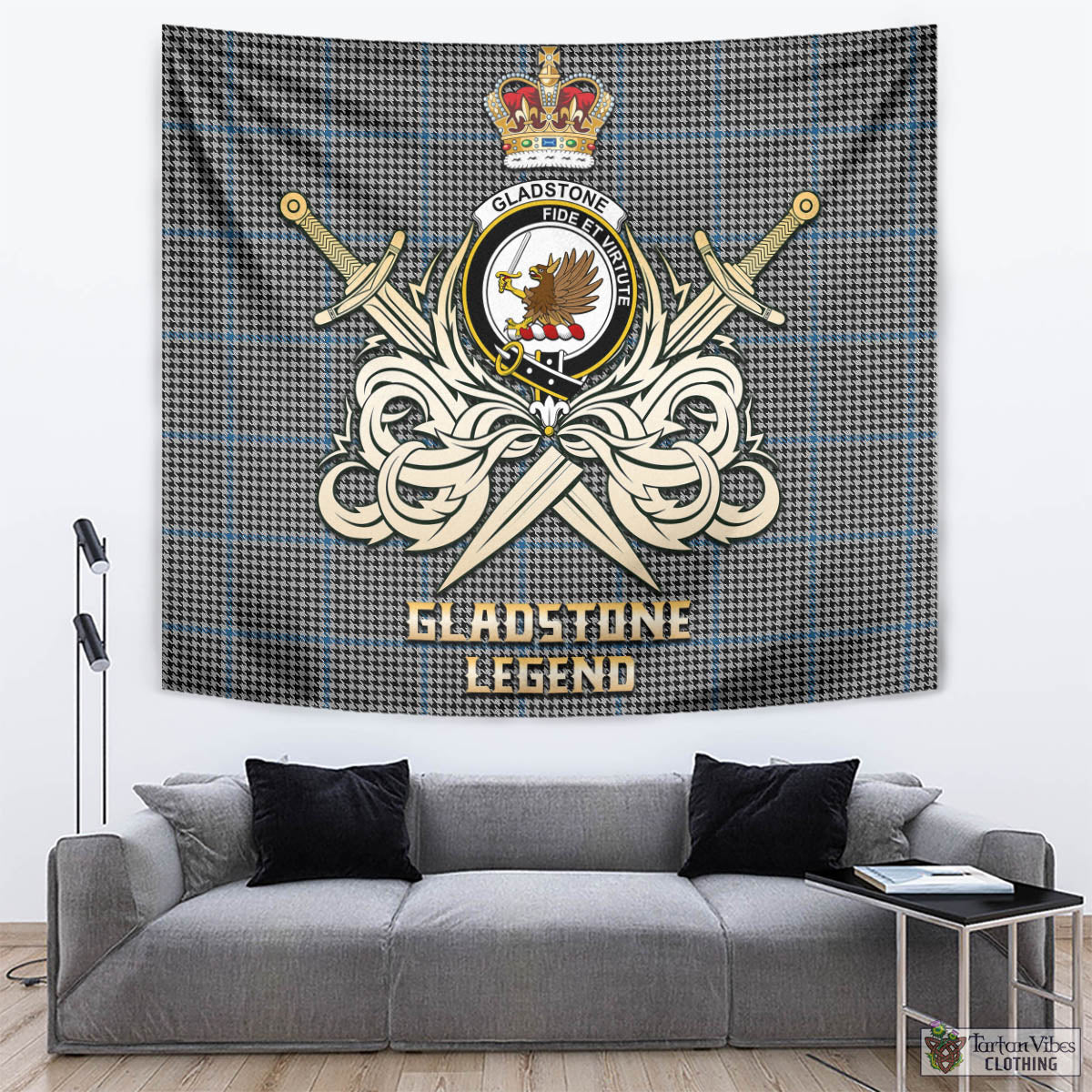 Tartan Vibes Clothing Gladstone Tartan Tapestry with Clan Crest and the Golden Sword of Courageous Legacy