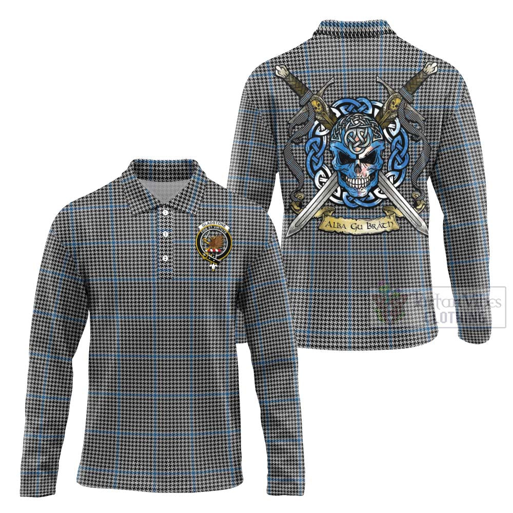 Tartan Vibes Clothing Gladstone (Gladstanes) Tartan Long Sleeve Polo Shirt with Family Crest Celtic Skull Style