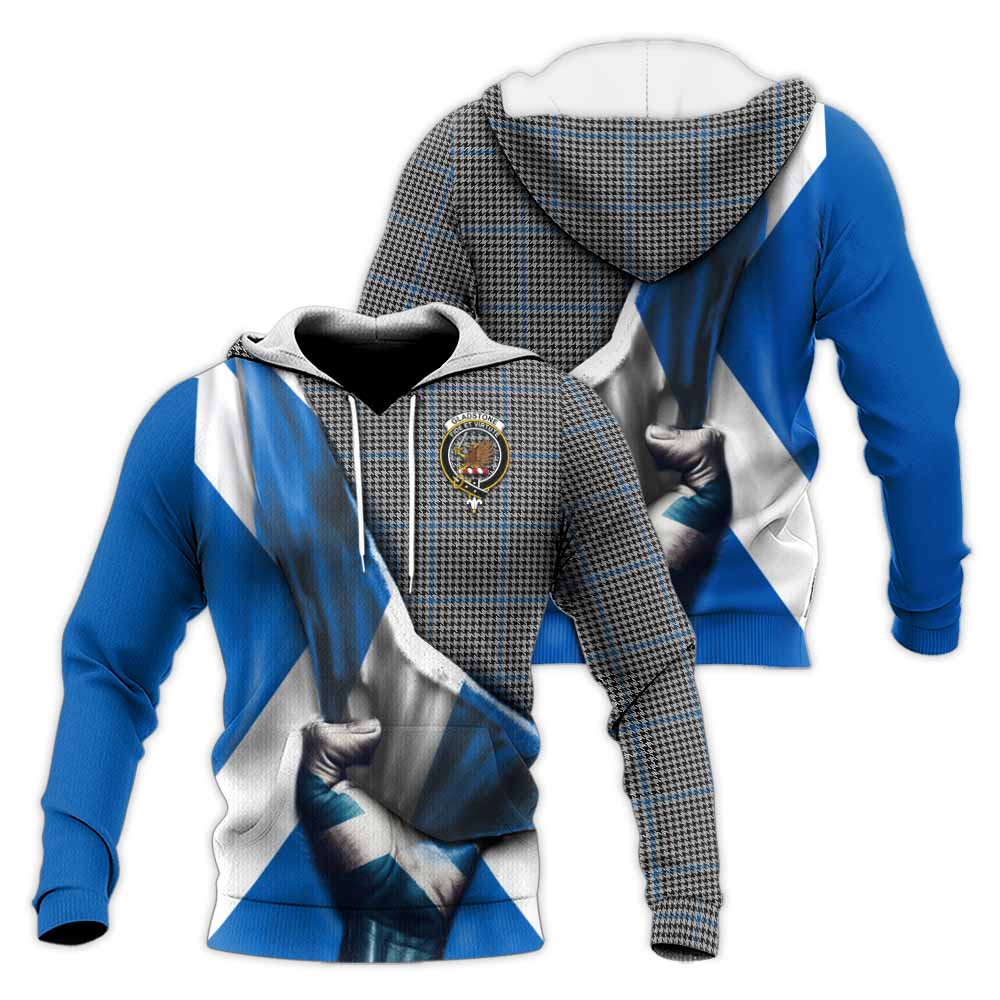 Tartan Vibes Clothing Gladstone (Gladstanes) Tartan Knitted Hoodie with Family Crest Scotland Patriotic Style