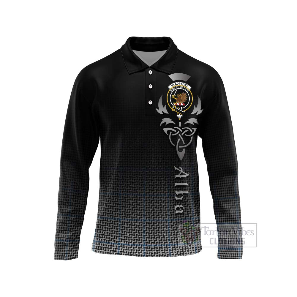 Tartan Vibes Clothing Gladstone (Gladstanes) Tartan Long Sleeve Polo Shirt Featuring Alba Gu Brath Family Crest Celtic Inspired