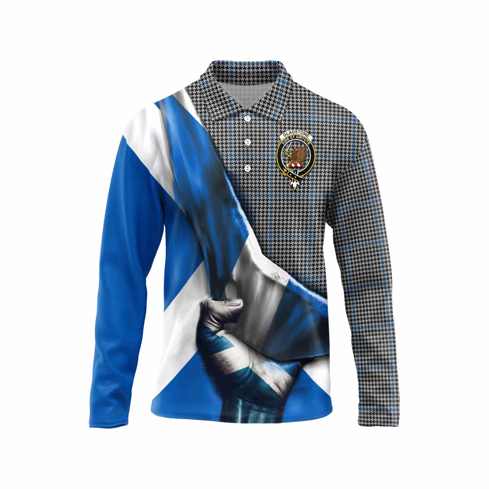 Tartan Vibes Clothing Gladstone (Gladstanes) Tartan Long Sleeve Polo Shirt with Family Crest Scotland Patriotic Style