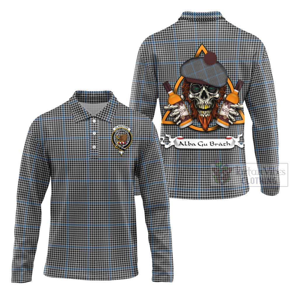 Tartan Vibes Clothing Gladstone (Gladstanes) Tartan Long Sleeve Polo Shirt with Family Crest and Bearded Skull Holding Bottles of Whiskey