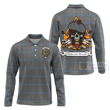 Gladstone (Gladstanes) Tartan Long Sleeve Polo Shirt with Family Crest and Bearded Skull Holding Bottles of Whiskey