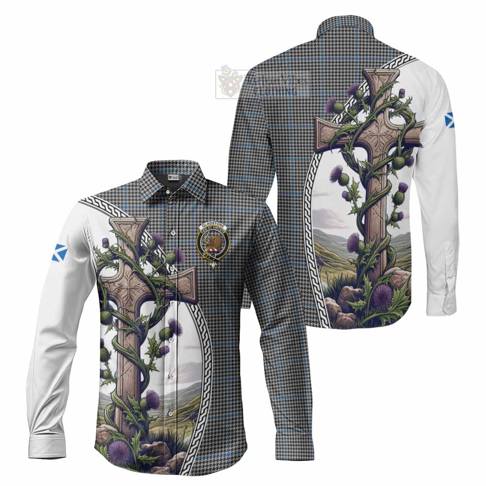 Tartan Vibes Clothing Gladstone (Gladstanes) Tartan Long Sleeve Button Shirt with Family Crest and St. Andrew's Cross Accented by Thistle Vines