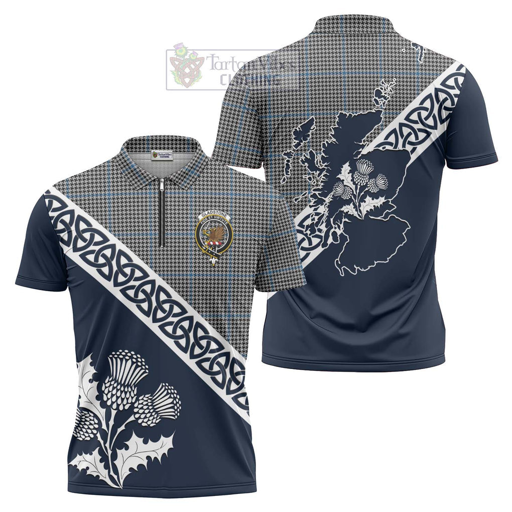 Tartan Vibes Clothing Gladstone (Gladstanes) Tartan Zipper Polo Shirt Featuring Thistle and Scotland Map