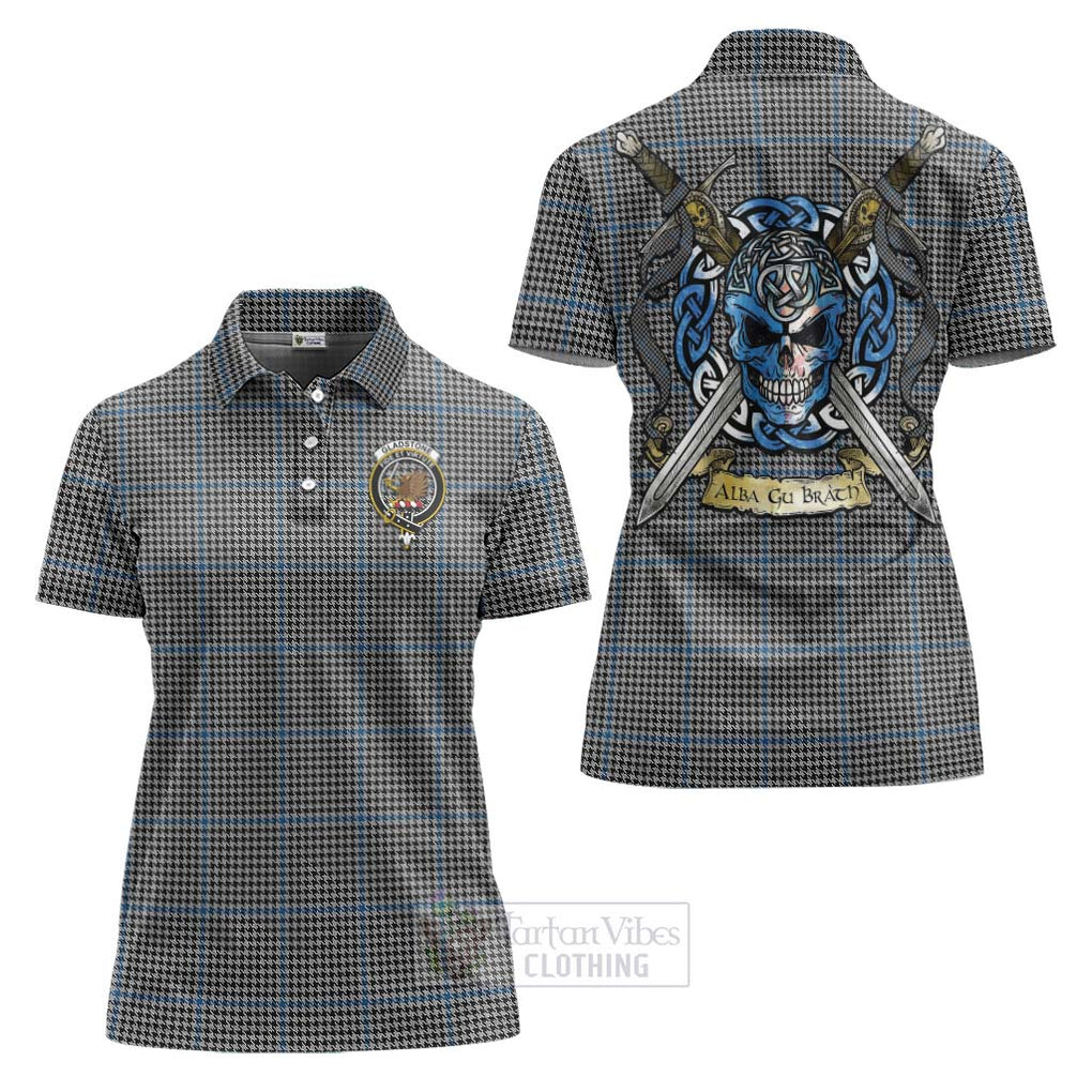 Tartan Vibes Clothing Gladstone (Gladstanes) Tartan Women's Polo Shirt with Family Crest Celtic Skull Style