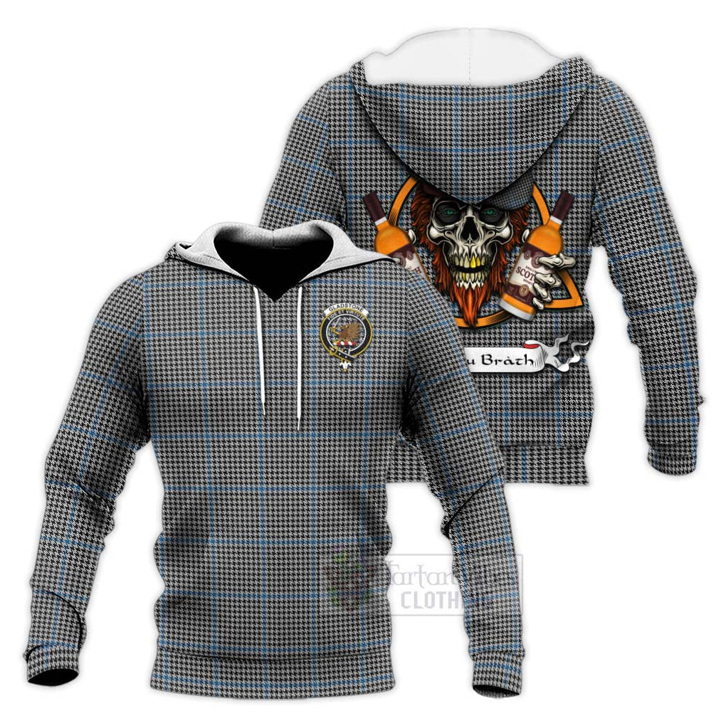 Tartan Vibes Clothing Gladstone (Gladstanes) Tartan Knitted Hoodie with Family Crest and Bearded Skull Holding Bottles of Whiskey