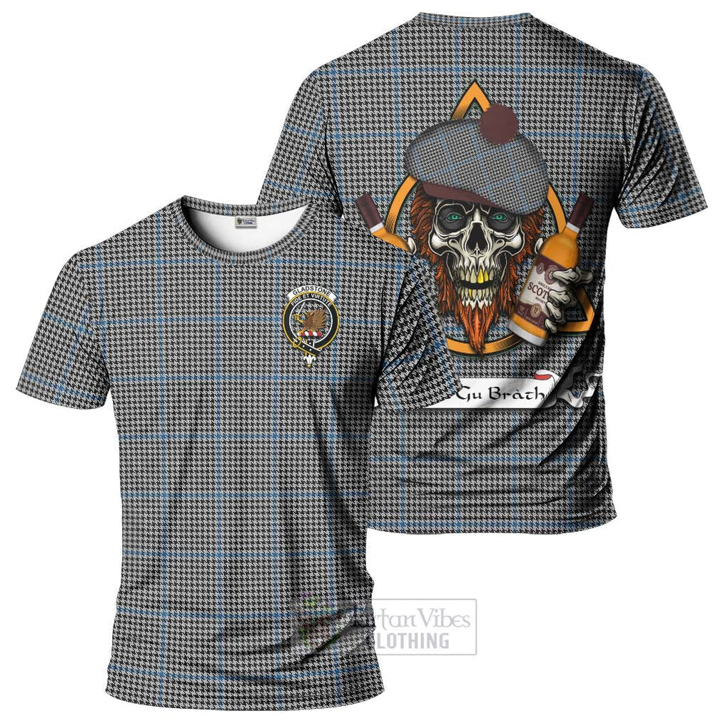 Tartan Vibes Clothing Gladstone (Gladstanes) Tartan T-Shirt with Family Crest and Bearded Skull Holding Bottles of Whiskey