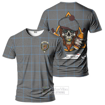 Gladstone (Gladstanes) Tartan T-Shirt with Family Crest and Bearded Skull Holding Bottles of Whiskey