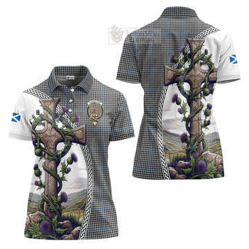 Gladstone (Gladstanes) Tartan Women's Polo Shirt with Family Crest and St. Andrew's Cross Accented by Thistle Vines