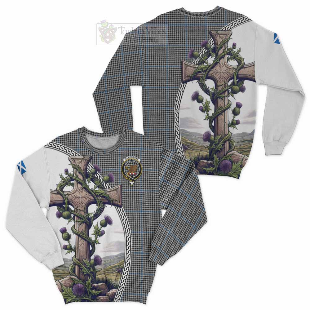 Tartan Vibes Clothing Gladstone (Gladstanes) Tartan Sweatshirt with Family Crest and St. Andrew's Cross Accented by Thistle Vines