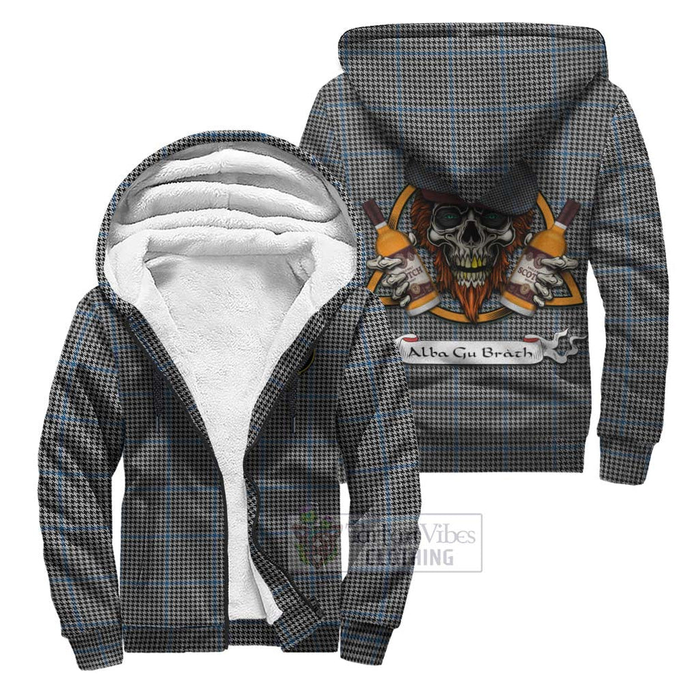 Tartan Vibes Clothing Gladstone (Gladstanes) Tartan Sherpa Hoodie with Family Crest and Bearded Skull Holding Bottles of Whiskey