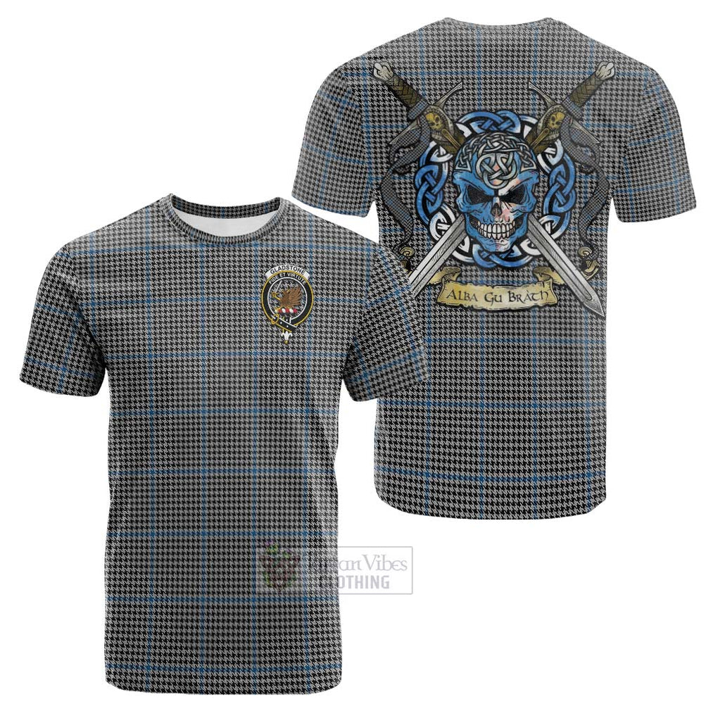 Tartan Vibes Clothing Gladstone (Gladstanes) Tartan Cotton T-shirt with Family Crest Celtic Skull Style