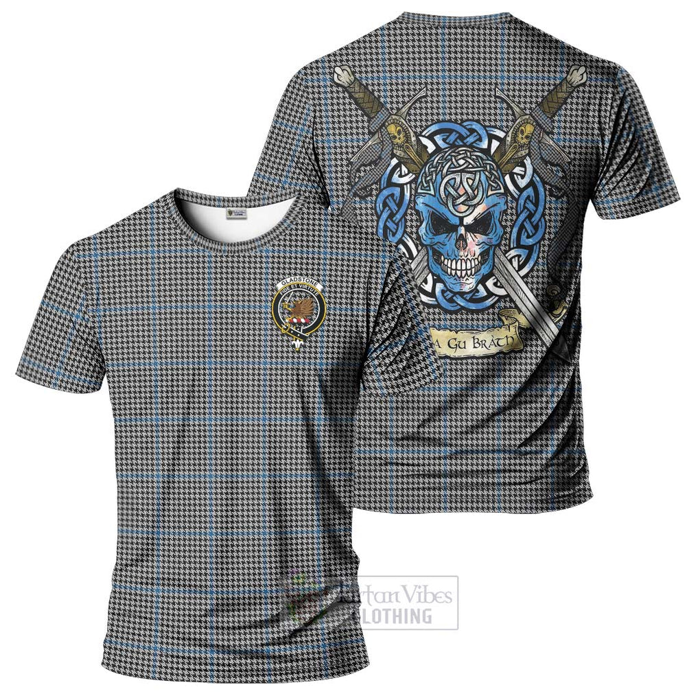 Tartan Vibes Clothing Gladstone (Gladstanes) Tartan T-Shirt with Family Crest Celtic Skull Style