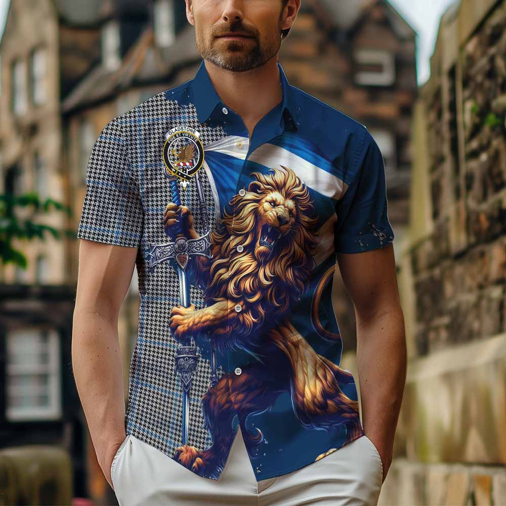 Tartan Vibes Clothing Gladstone (Gladstanes) Tartan Family Crest Short Sleeve Button Shirt with Scottish Majestic Lion