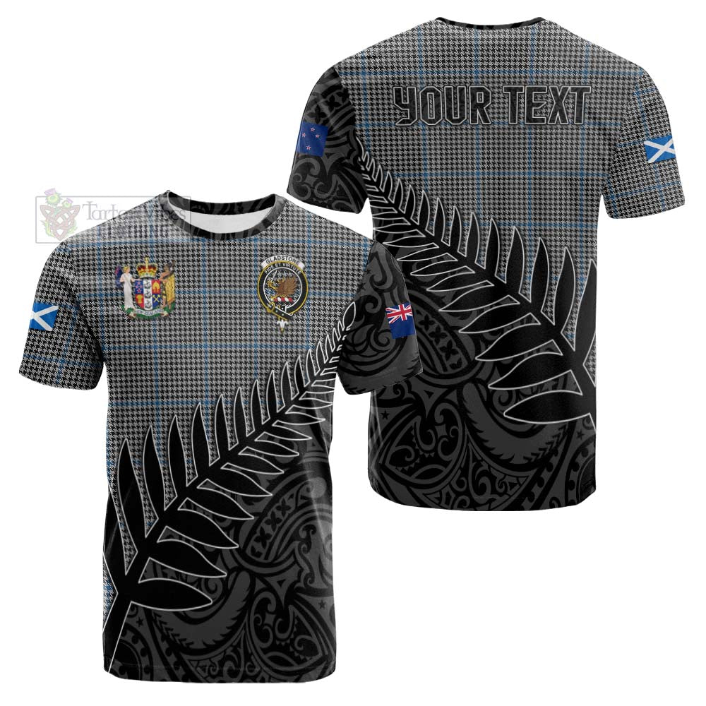 Tartan Vibes Clothing Gladstone (Gladstanes) Crest Tartan Cotton T-shirt with New Zealand Silver Fern Half Style