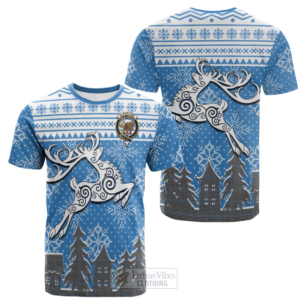 Tartan Vibes Clothing Gladstone (Gladstanes) Clan Christmas Cotton T-shirt Celtic Reindeer Style