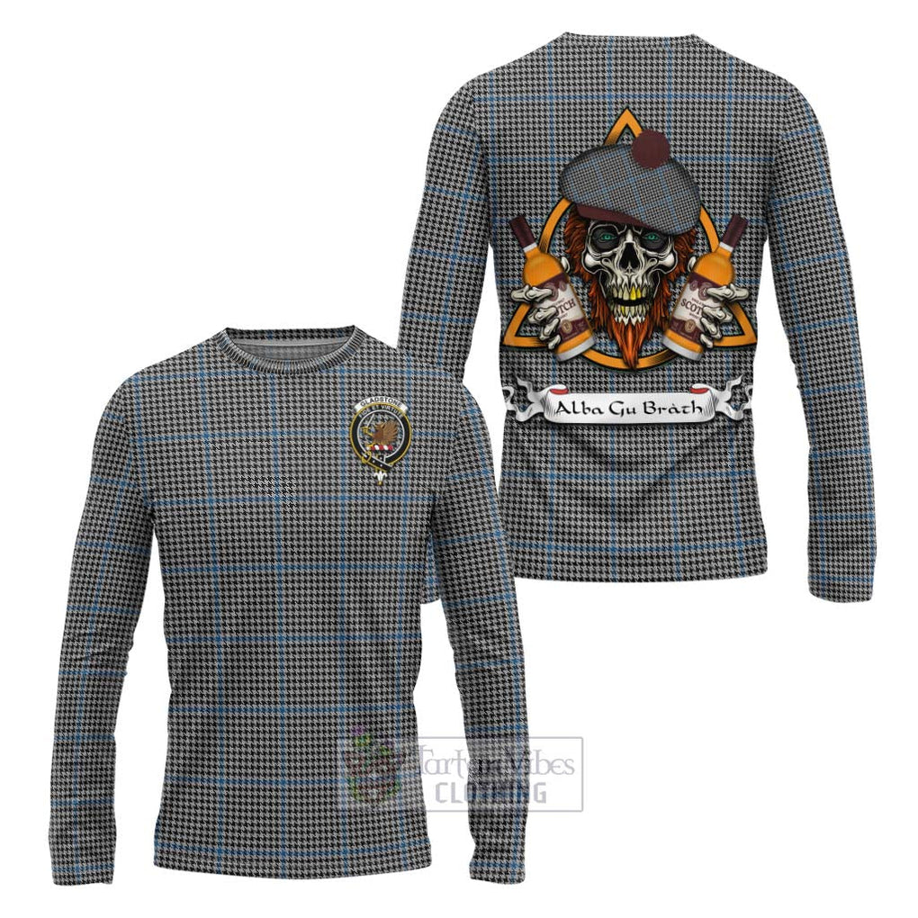 Tartan Vibes Clothing Gladstone (Gladstanes) Tartan Long Sleeve T-Shirt with Family Crest and Bearded Skull Holding Bottles of Whiskey