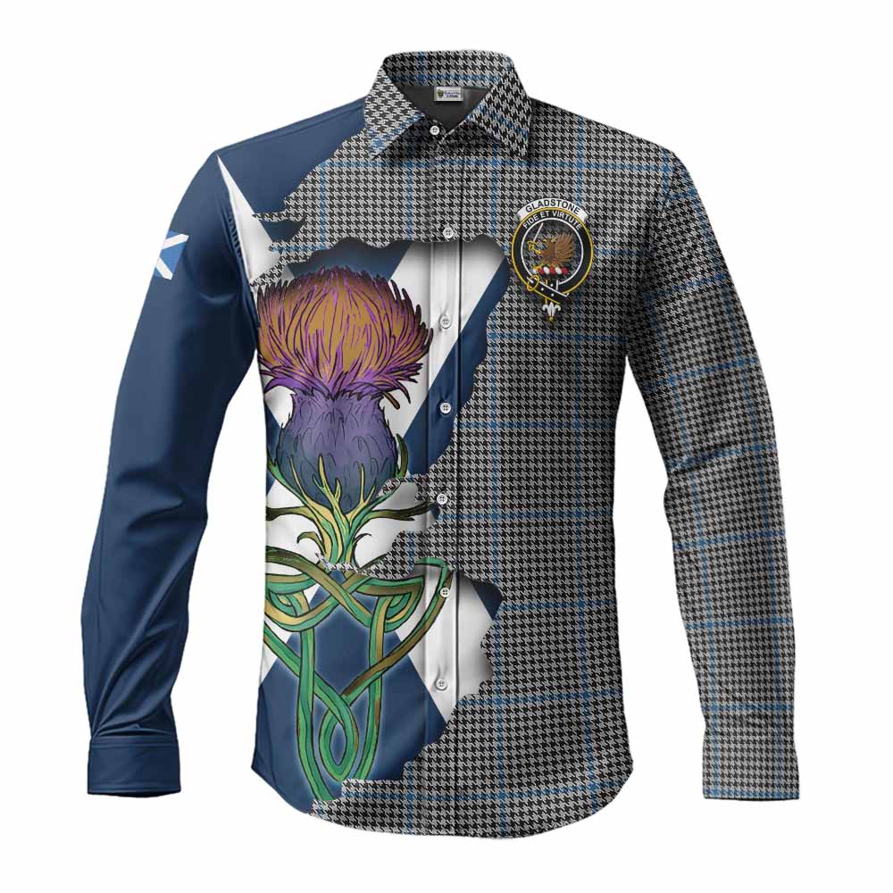 Gladstone (Gladstanes) Tartan Family Crest Long Sleeve Button Shirt Scottish Thistle Celtic Inspired Men's Shirt S - Tartan Vibes Clothing